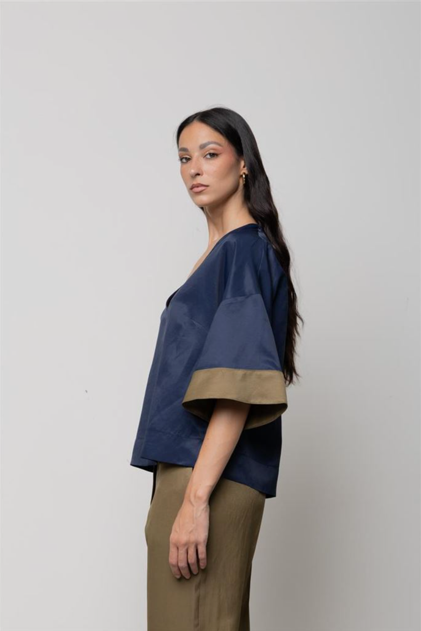 BLUSA BICOLORE IN MISTO LINO KAOS