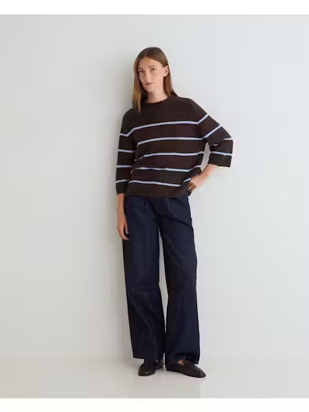 MAGLIONE A MANICHE CORTE RIGHE MARRONE AZZURRO 45540-213  YERSE