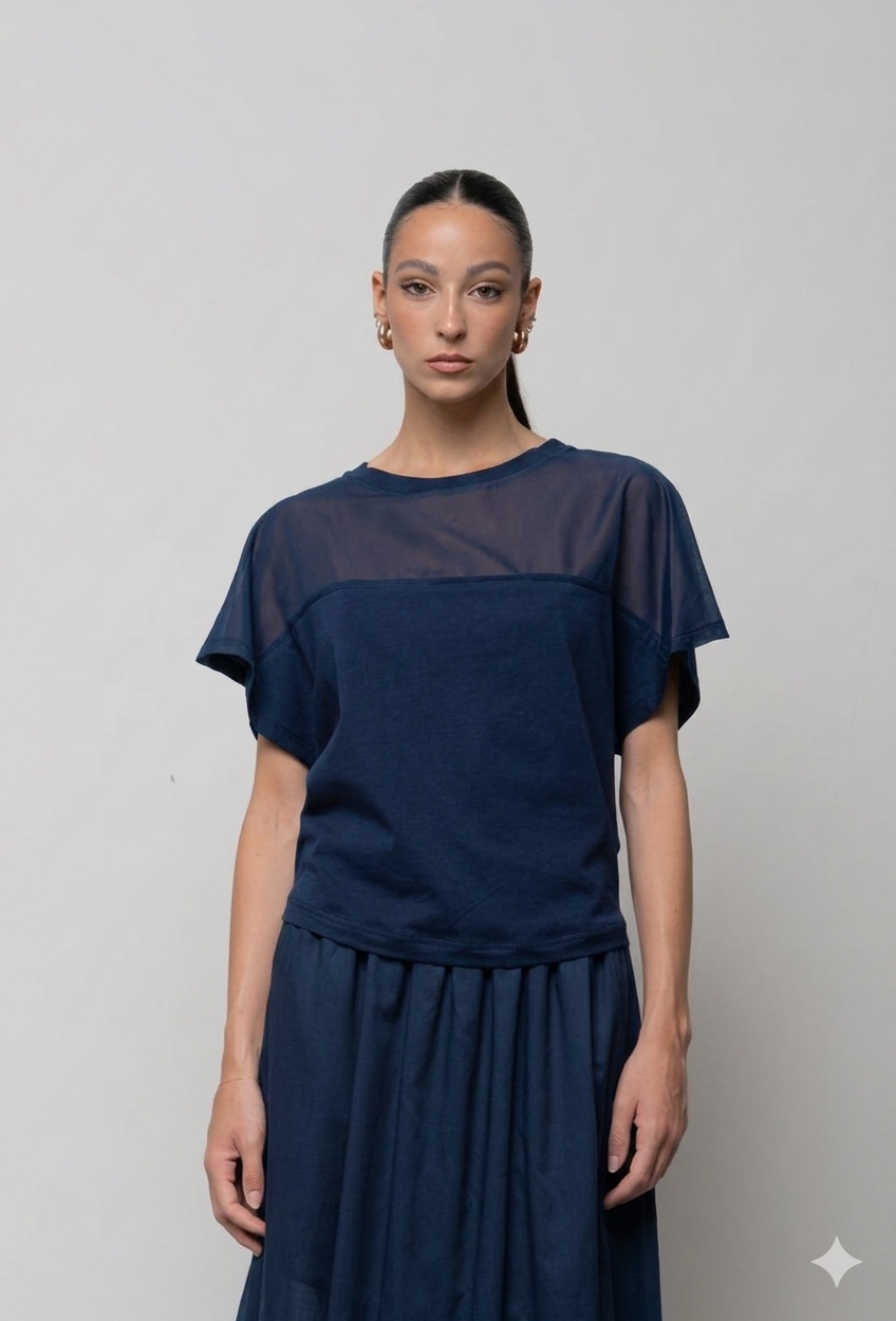 BLUSA DI JERSEY CON INSERTI DI MUSSOLA BLU NAVY ICONA