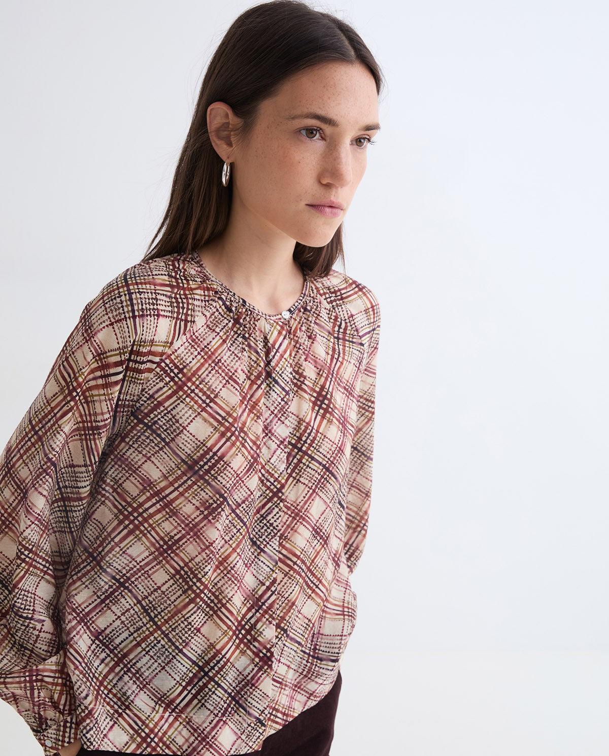 BLUSA IN GARZA A QUADRI ECRÙ YERSE
