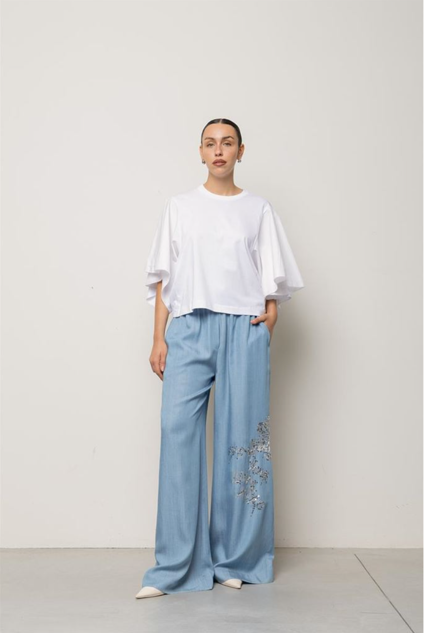Pantaloni Palazzo Effetto Denim con Ricamo  KAOS JEANS