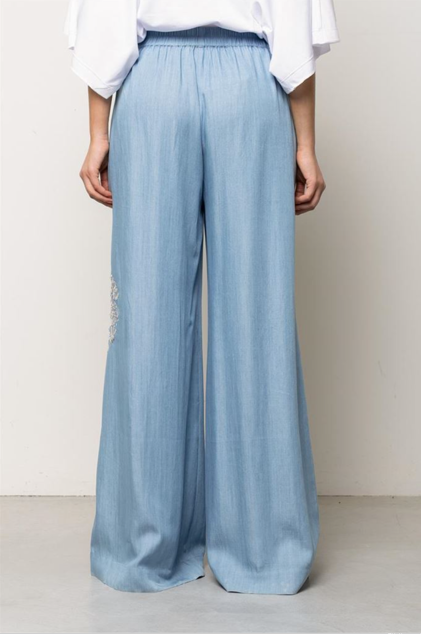 Pantaloni Palazzo Effetto Denim con Ricamo  KAOS JEANS