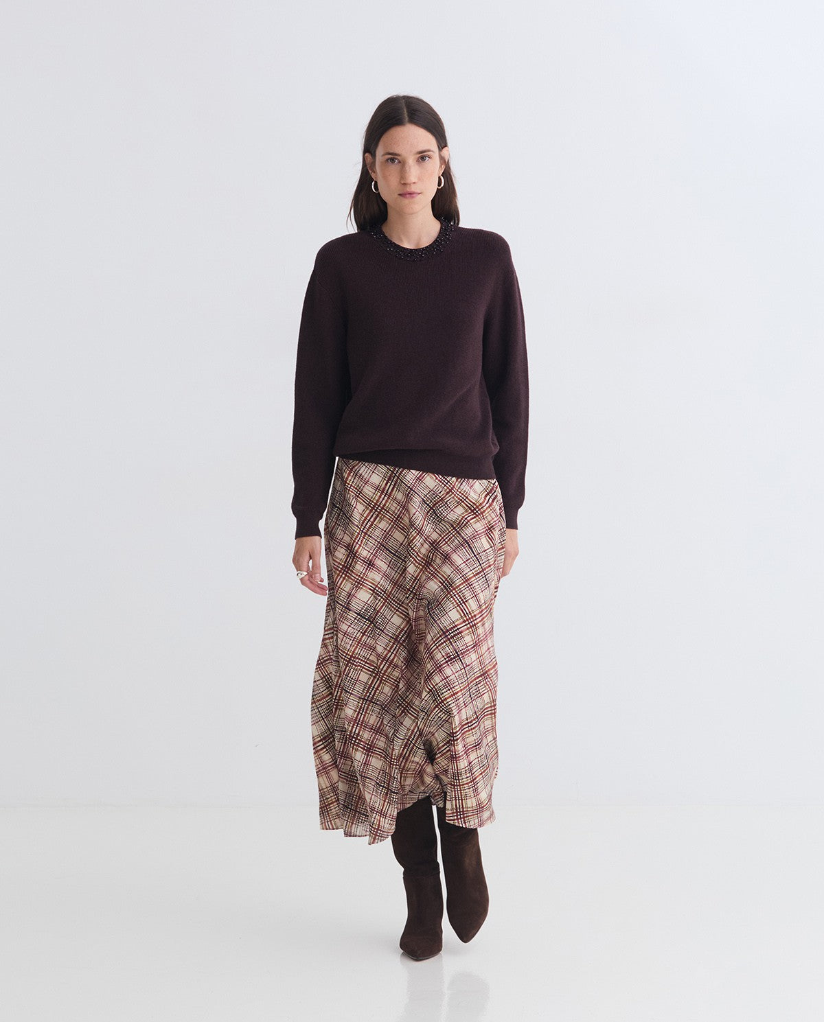 GONNA MIDI IN VISCOSA A QUADRI ECRÙ YERSE